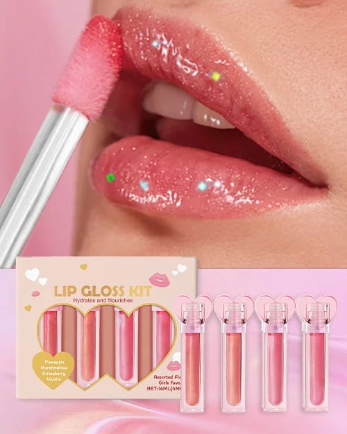 4pc Heart Charm Lip Gloss Stick for Girls - Glossy Fruity Lip Set - 4pc Heart Charm Lip Gloss Stick for Girls - Glossy Fruity Lip Set