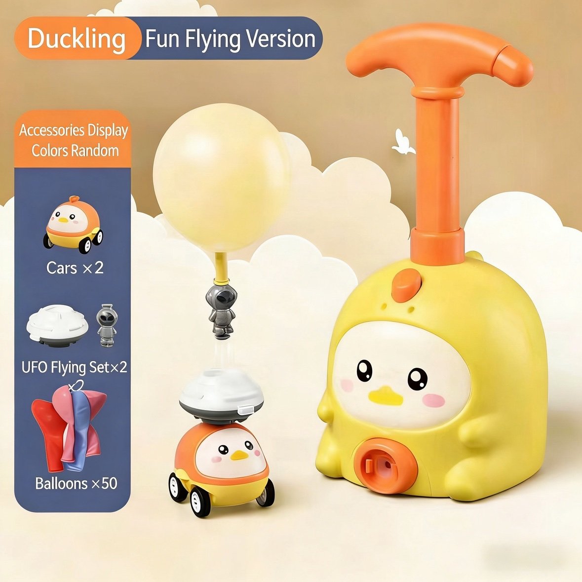 2 Yellow Duck Cars+2 UFO Flying Sets+50 Balloons