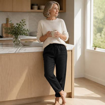 LuxeraSilk™ – Relaxed Cotton-Linen Drawstring Pants with Elastic Waist
